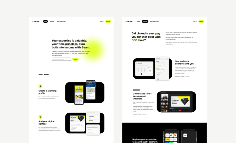 Mockups for the Framer-based website live at be.am