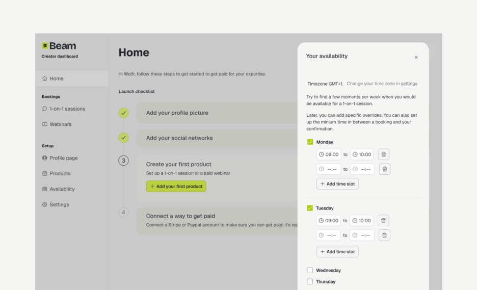 A mockup of the onboarding flow, where an expert sets their availability
