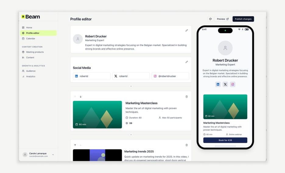 Front-end prototype, using our designing with AI techniques of a profile editor with mobile preview.