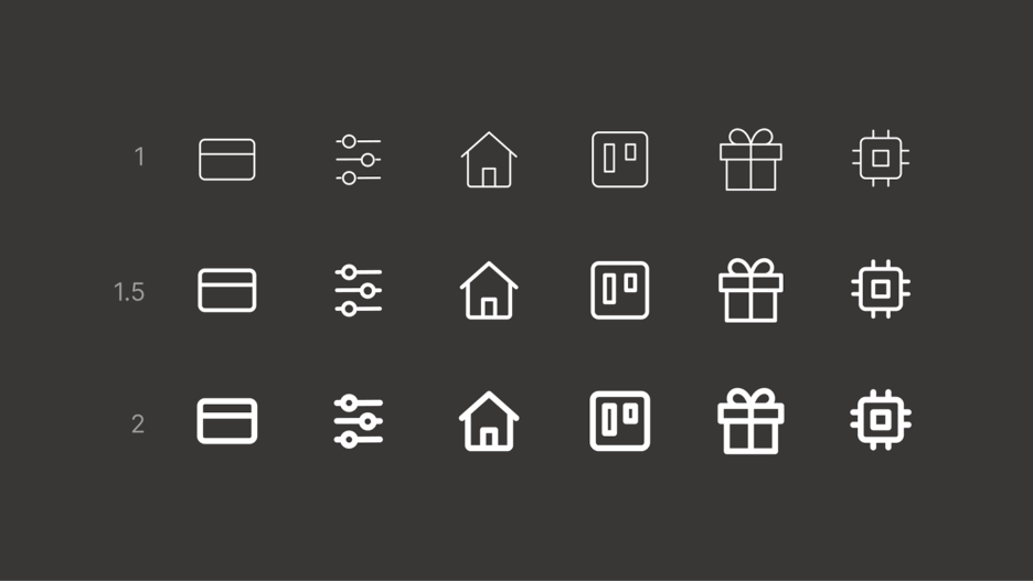 Icons in 3 different weights: 1px, 1.5px and 2px.
