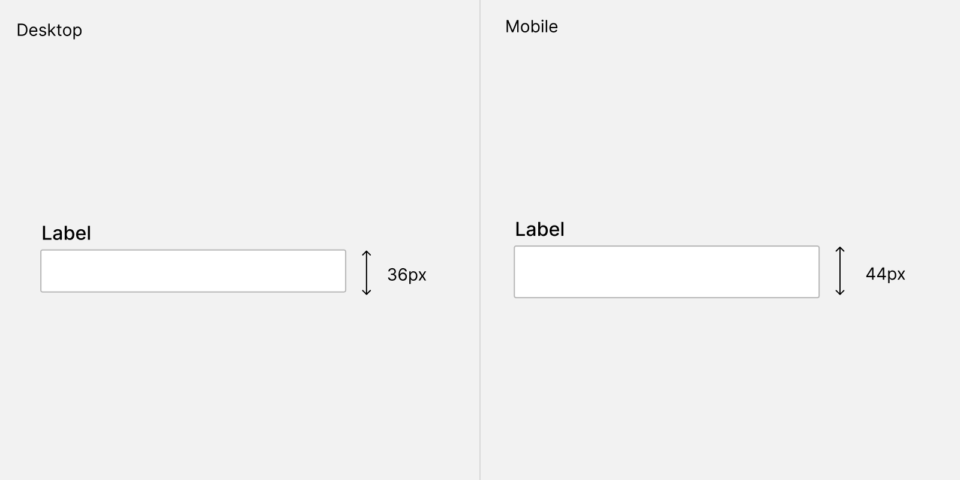 An illustration that shows highly tappable areas for desktop and mobile with:
- An example of a label and input for desktop sized at 36px in height
- An example of a mobile field where the field is sized 44px in height