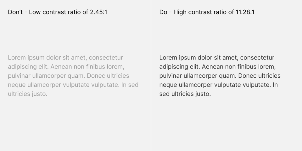 A do or don't illustration visually showing an example of low text contrast on the left side and high text contrast on the right side