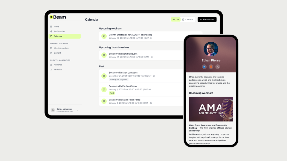 A composite of a tablet interface and a phone interface. The tablet interface shows a web app user interface, highlighted on the calendar module, that shows upcoming webinars, 1-on-1 sessions and past sessions. The phone UI shows a public profile of a web3 and blockchain educator.