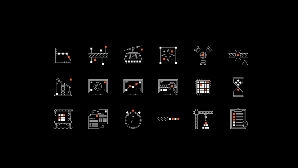 A grid of 6 columns by 3 rows, that show custom icons made for Raidyn. The icons show off different industrial concepts related to monitoring, steel wire ropes, broken wires and many more concepts.