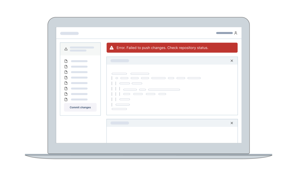A depiction of an in-page alert added to a coding user interface using panels. The in-page alert creates a visibility problem for one of the panels.