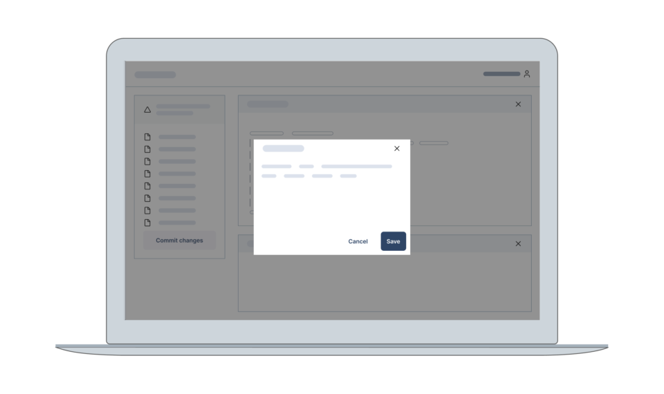 A depiction of a centered dialog on top of a coding user interface. The illustration shows a laptop around the user interface.