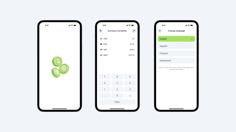 3 phones next to each other showing the interface of the Multi Currency Converter App. The leftmost phone shows a splash screen with an icon depicting 3 coins. The middle screen shows the main interface where you convert multiple currencies into one another. The rightmost screens shows a language choice user interface.