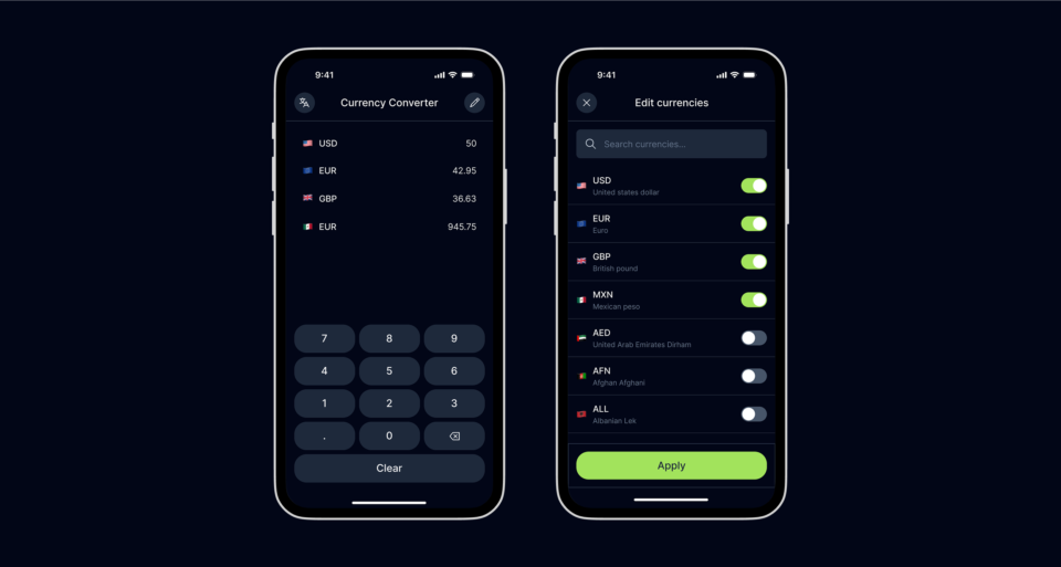 Showing 2 mobile phones that show the main screens of Multi Currency Converter: a screen to view conversions of multiple currencies and a screen to edit currencies