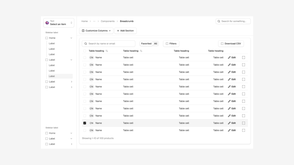 Example interface created with shadcn/ui kit components.