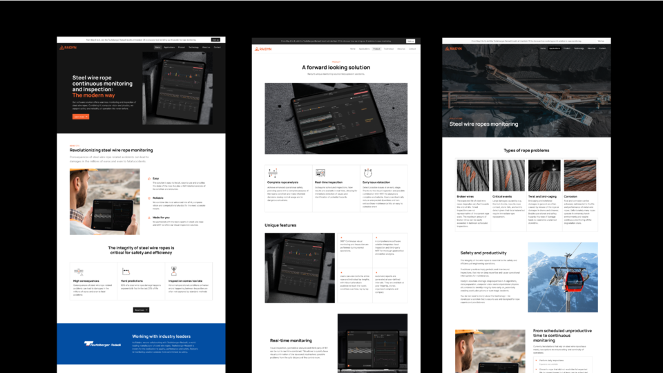 Shows 3 pages of a custom website design: a homepage, a solutions page and applications page.